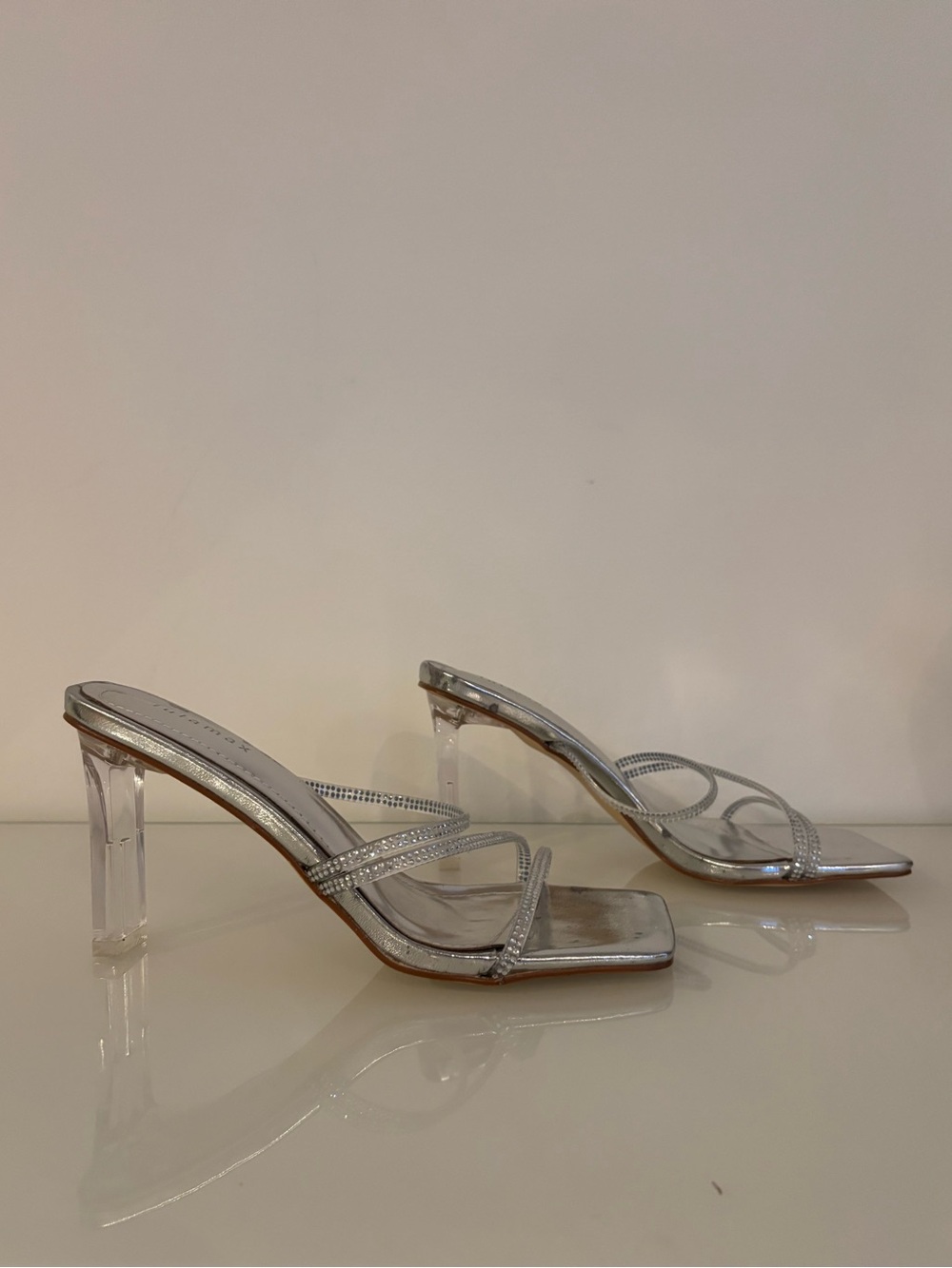Lulamax Silver Rhinestone Clear Strappy Stiletto Mules - Picture 12 of 12
